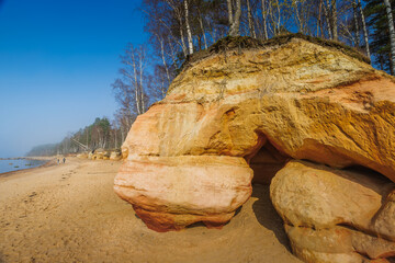 Veczemju Klintis, Veczemju Cliffs on Baltic Sea Near Tuja, Latvia. Beautiful Sea Shore With Limestone and Sand Caves - obrazy, fototapety, plakaty