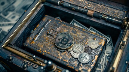 A partially open safe, revealing a few dollars inside, with a bitcoin logo on the crank. Styled like a photo.