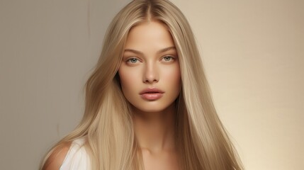 Fototapeta premium A long hair. Woman with straight blonde hair on beige background