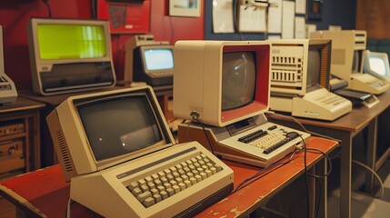 A retro-style product photo featuring computers in a lab, enhanced with artistic and design props to create a vintage atmosphere.