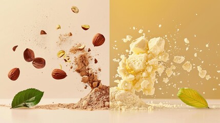 A dynamic product photo showcasing hazelnut powder and leaves suspended in the air, with a gentle spray of light-yellow powder on the left and a transparent yellow substance on the right.