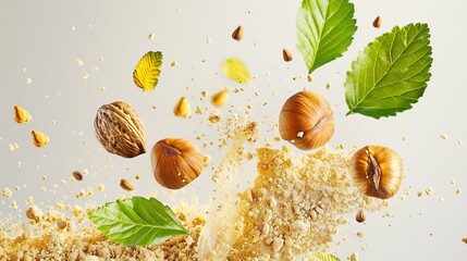 A dynamic product photo showcasing hazelnut powder and leaves suspended in the air, with a gentle spray of light-yellow powder on the left and a transparent yellow substance on the right.