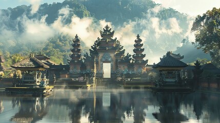 Fototapeta premium An awe-inspiring testimonial photo featuring a Balinese temple, showcasing its magnificent beauty.