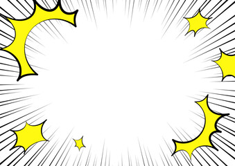 Obraz premium 黄色い衝撃波の漫符と集中線の背景イラスト A4サイズ横