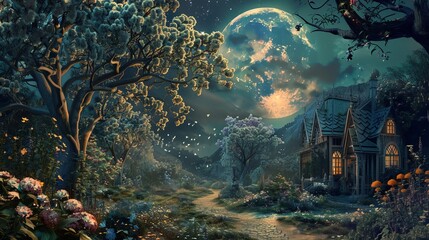 Artistic representation in the Art Nouveau style of a fantasy world, featuring trees, flowers, a winding path, the moon, stars, fantasy characters, cabins, and a moody atmosphere.