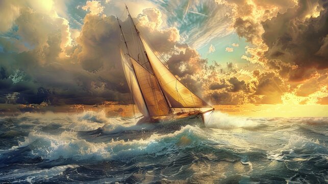 Artistic representation in the Art Nouveau style of a surreal sailing boat, a Plattbodenschiff two-mast Klipper type ketch, navigating through a storm with sunny skies and strong winds.