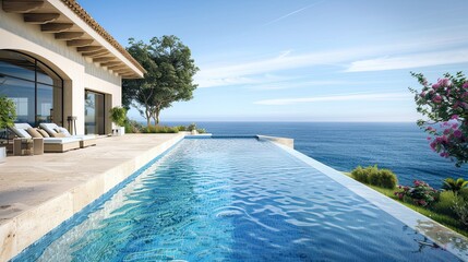A pool with a vanishing edge, giving the illusion of merging with the sea beside a Mediterranean house