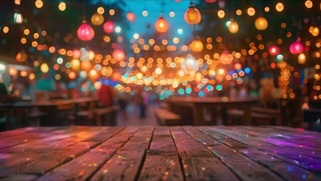 Wooden table, decorative string lights, blurred night market crowd, festival concept