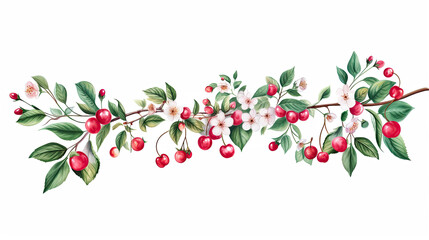 Branch with cherry, flowers and leaves. Summer and harvest. Isolated watercolor illustration on white background.