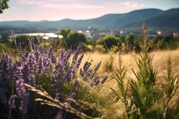 Lavender flowers in a field in the evening light, panorama