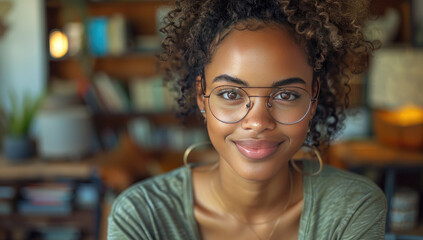 A beautiful black woman in her late twenties wearing glasses and smiling, sitting on the couch of an elegant library with bookshelves behind him. Created with Ai - Powered by Adobe