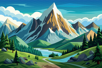 Alpine Peak Mountain Landscape with nature background illustration in cartoon style
