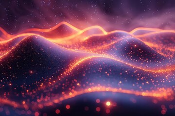 Create a 3D rendering of a glowing particle landscape with a warm color scheme