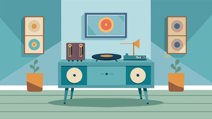 A vintageinspired record player in a retro shade of baby blue displayed on a midcentury modern sideboard in the center of the gallery. Vector illustration
