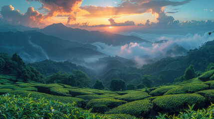  A breathtaking view of the lush green tea plantations in the O extra mountain range, as the sun sets over the mountains casting a golden glow on the clouds and mist that swirl around them. 