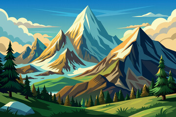 Alpine Peak Mountain Landscape with nature background illustration in cartoon style
