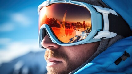 A man's ski goggles with reflection of snow-covered ski field. wearing ski goggles winter sports - Powered by Adobe