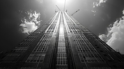 Fototapeta premium A towering skyscraper stands tall against the backdrop of a cloudy sky