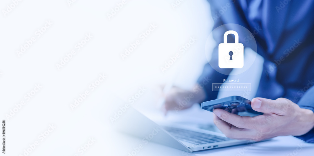 Poster password privacy on an online system. cybersecurity internet. lock mark cyber security technology di