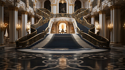 Opulent opera house foyer with marble staircases, gold leaf details, and a crystal chandelier,