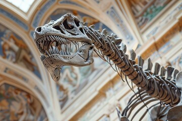 A close-up photograph of the Diplodocus head and neck skeleton, viewed from a low angle, making it seem as if it's reaching towards the high ceiling of a classical museum