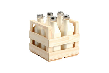 Fototapeta premium Rustic wooden milk crate carrier, glass milk bottles set. Farmhouse dairy packaging prop for delivery and branding isolated on Transparent Background