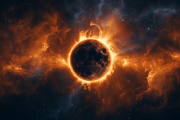 Obraz premium Vivid space background featuring a solar eclipse, with the suns corona brilliantly visible around the moons silhouette
