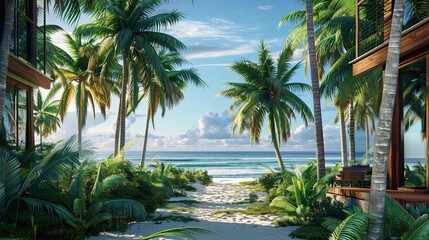 Fototapeta premium A villa's exterior with a beachfront view, palm trees framing the path to the sandy shore