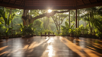 Outdoor yoga pavilion surrounded by tranquil gardens, with wooden flooring and flowing curtains,