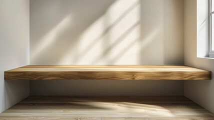 Empty minimal natural wooden table counter podium, beautiful wood grain in sunlight,