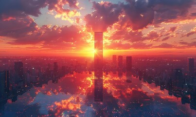A beautiful sunset over a city. The sky is a deep orange, and the clouds are a light pink. The sun is setting behind a tall building, and the city is reflected in the water below.