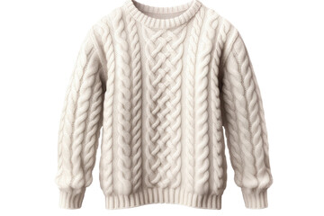 Ethereal Elegance: A Cozy White Cable Knit Sweater on White or PNG Transparent Background.