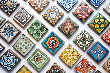 A collection of decorative ceramic tiles with colorful patterns and glazes