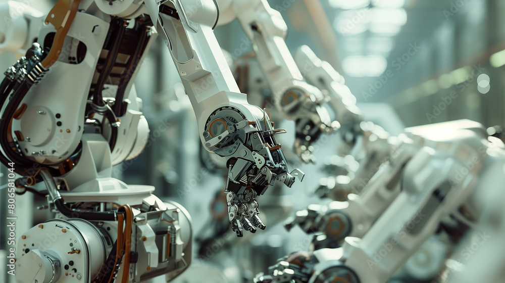 Poster mechanized industry robot and robotic arms for assembly in factory production . concept of artificia