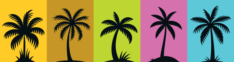 palm tree silhouette, tropical vector illustration of palm trees silhouettes against a multi colored background. Ideal for summer themed designs, web banners, and wallpapers © Arafat
