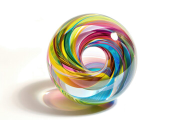 An ornamental glass paperweight with a captivating swirl of colors inside