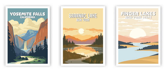 Yosemite Falls, Saranac Lake, Finger Lakes Illustration Art. Travel Poster Wall Art. Minimalist Vector art