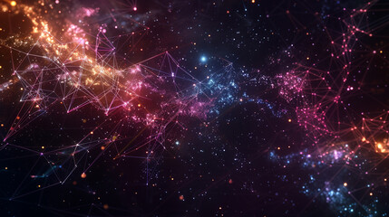 A cosmic display of digital points connected by vibrant, shimmering lines in a dark void.