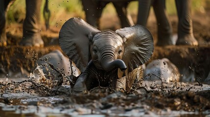 A baby elephant splashing around in a mud puddle, rolling joyfully as its herd watches