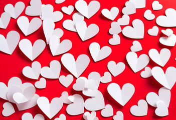 Red background with white paper hearts scattered throughout