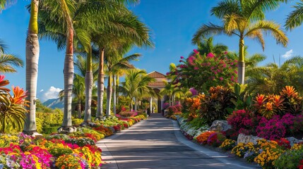 Fototapeta premium A villa entrance with a vibrant touch, palm trees and colorful tropical flowers lining the path