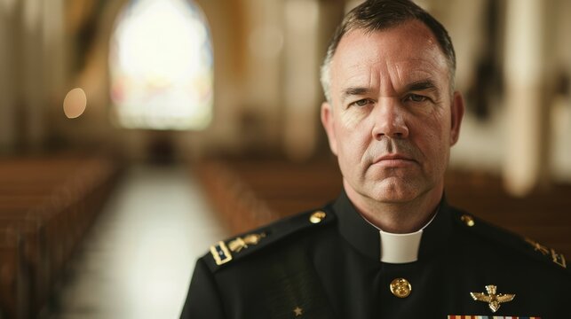 The picture of the military officer standing inside the church and working as the priest with blur background, the priest require Counseling skill, Communication skill, Theological Knowledge. AIG43.