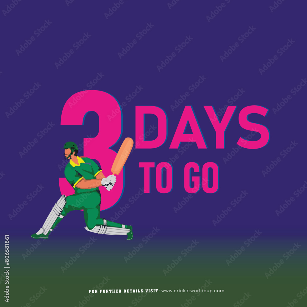 Poster T20 cricket match poster shows 3 days left for the start with South Africa batter player character in playing pose.