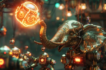 A brass elephant holding a glowing neon ball in its trunk, surrounded by neonlit robots playing circus games