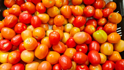 Fresh tomatoes on a basket. Ripe tomatoes sell on a Thailand local market. Tomatoes in supermarket	