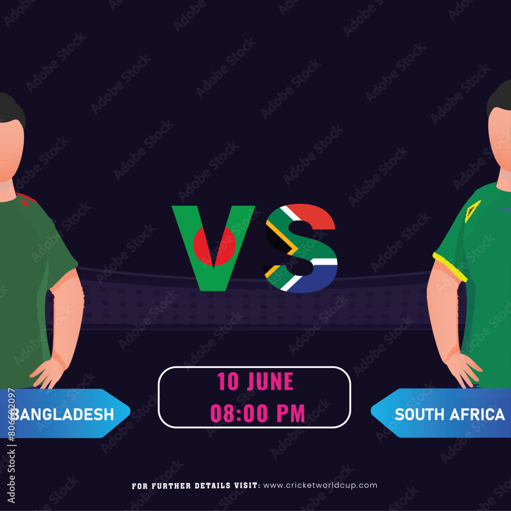 Poster cricket match between bangladesh vs south africa team with their country's captain character, social