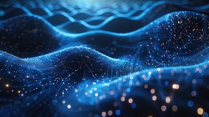 3D rendering of abstract digital blue background with flowing particles and depth of field