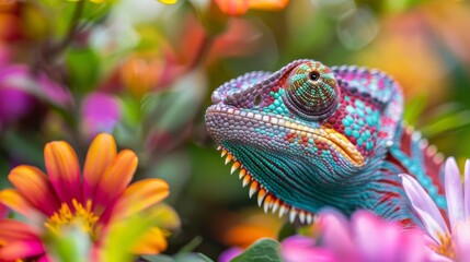 Obraz premium A chameleon blending into colorful flowers, curiously peering out with its rotating eyes