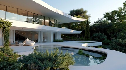 Fototapeta premium A white villa's exterior, with a pool that seems to flow into the garden, creating a seamless blend of architecture and nature at noon