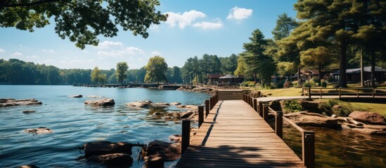 Wooden pier on the lake in the park. Panorama.